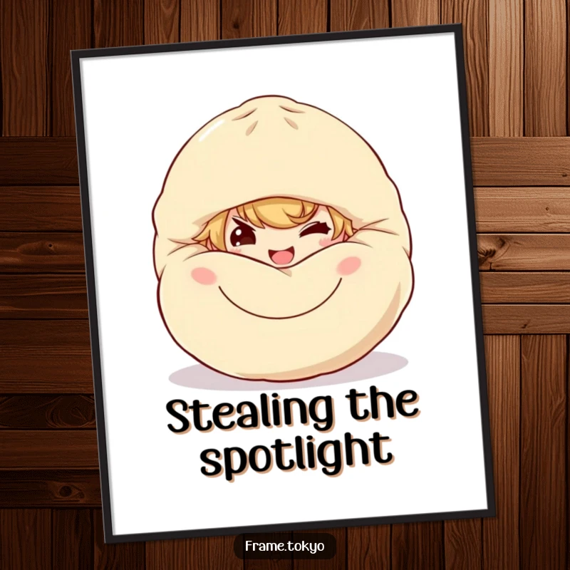 Funny dumpling sneak digital art print of a character with a mischievous grin peeking from behind a large, smiling dumpling.