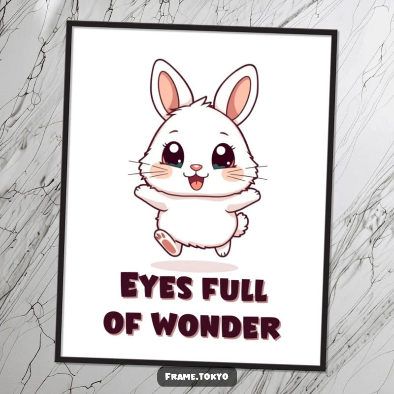 Funny digital art print of a fluffy rabbit with large, excited eyes, joyfully hopping with boundless energy and enthusiasm.