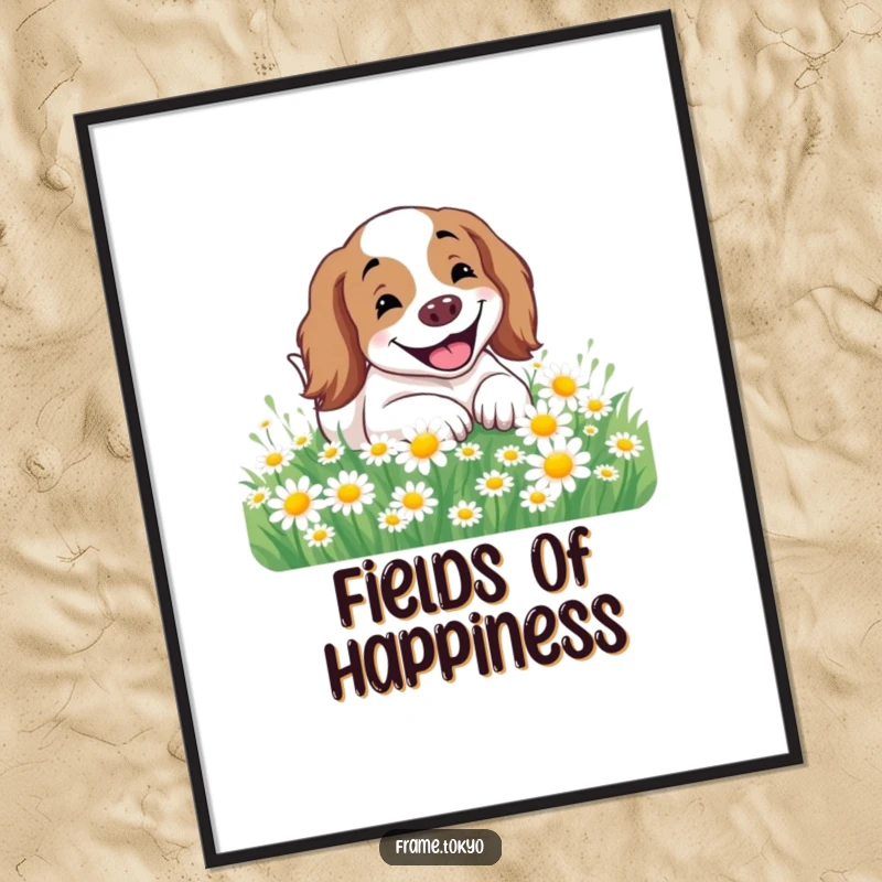 Funny Spaniel Digital Art print of a spaniel with a huge smile rolling in a field of daisies, ready for download.