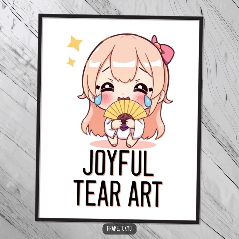 Funny digital art print of a character with exaggerated happy tears and a shimmering fan, perfect for humorous wall decor.