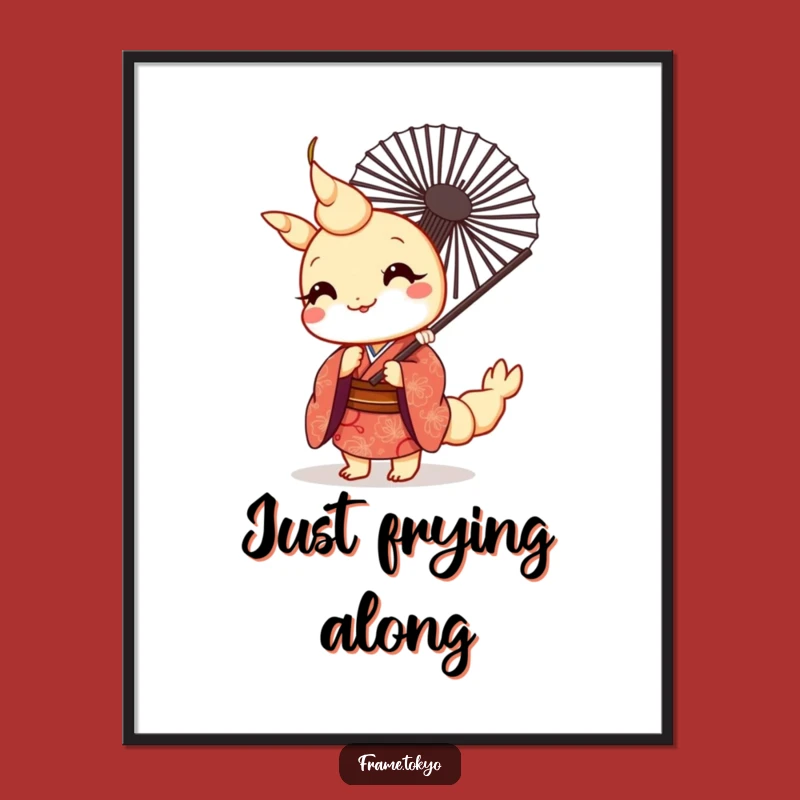 Instantly download and decorate with this whimsical digital art, featuring a funny kawaii tempura shrimp in a kimono, peeking from a fan.
