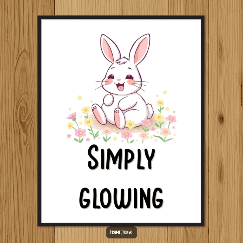 Funny digital art print of a happy rabbit with a wide grin, rolling joyfully in a field of tiny, glowing flowers.