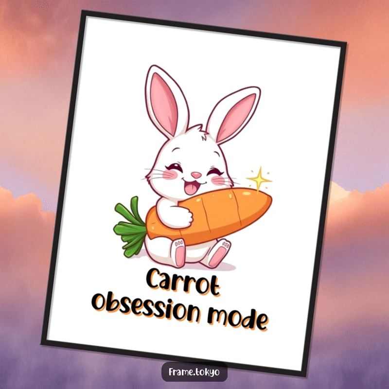 Funny digital art print of a smiling rabbit with long ears, happily nibbling on a giant, sparkling carrot.