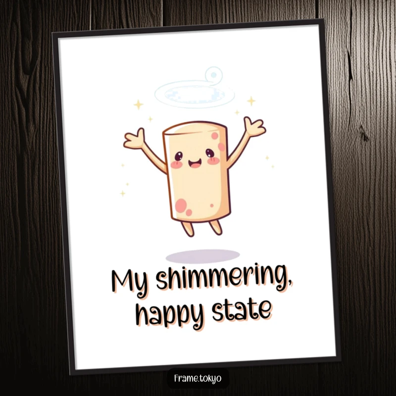 Funny cylindrical character digital art print spinning with arms outstretched, surrounded by a halo of sparkles, embodying magic and joy.
