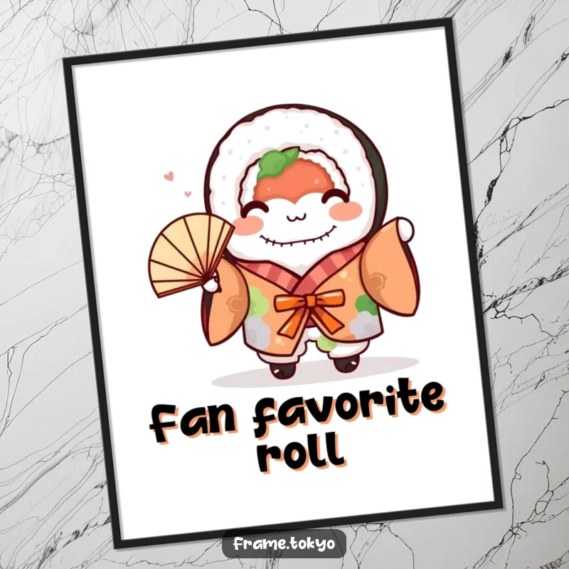 Funny sushi roll character in a kimono enthusiastically waving a fan, captured in this vibrant digital art.