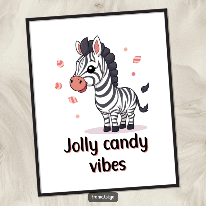 Funny zebra joyfully waving while juggling small, striped candies, a high-resolution, humorous digital art print.