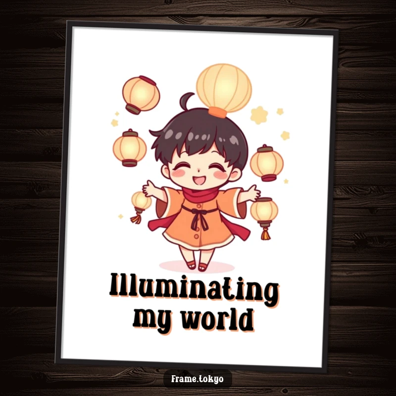 Funny tiny juggler digital art print of a cheerful character joyfully juggling luminous glowing lanterns, creating magic.