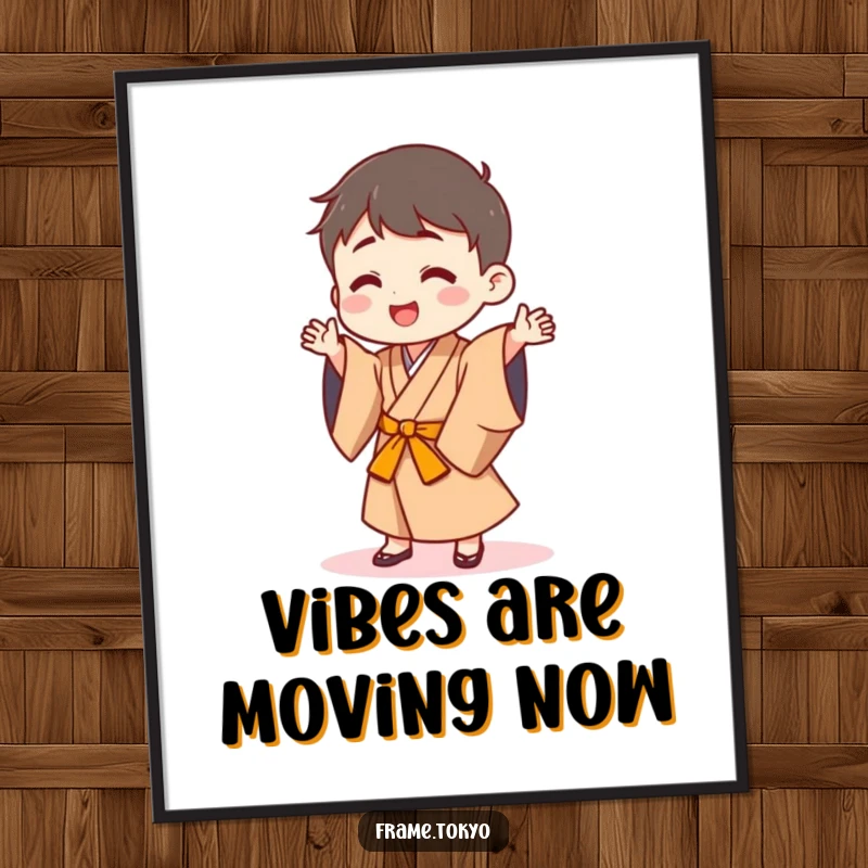 Funny digital art print of a small, happy character in a Japanese robe doing a silly, energetic dance.