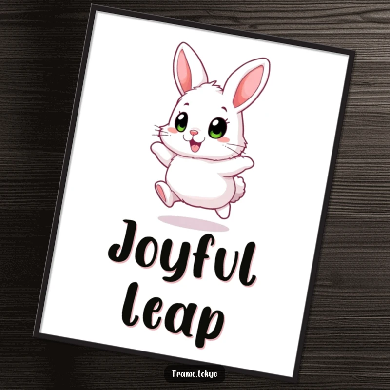Funny Fluffy Rabbit Digital Art Print with big, excited eyes, joyfully hopping, for instant happy humor.