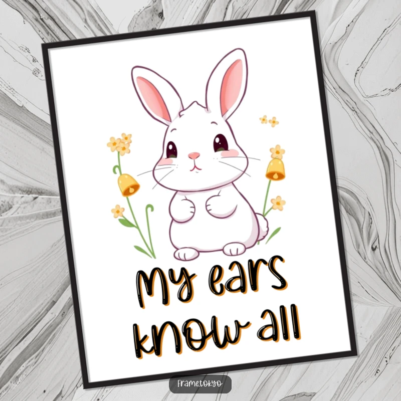 Funny digital art print of a rabbit with attentive ears, listening to the gentle chime of tiny, bell-shaped flowers.