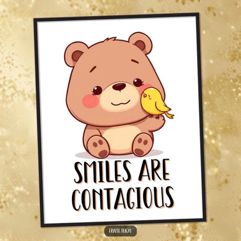 Funny digital art print of a dopey-smiling bear being gently nudged by a tiny, smiling bird, creating a heartwarming and humorous visual.