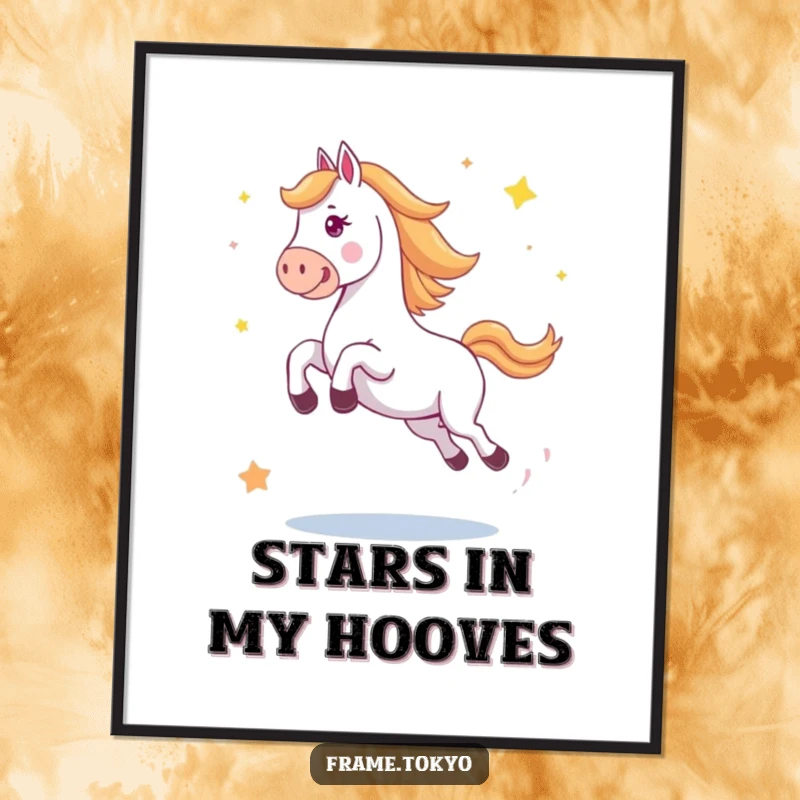 Funny horse digital art print of a horse in a big, happy jump with abstract stars scattering, perfect for energetic decor.