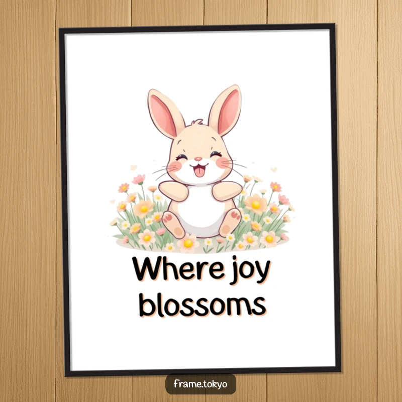 Funny digital art print of a happy rabbit with a wide grin, joyfully rolling in a field of tiny, glowing flowers.