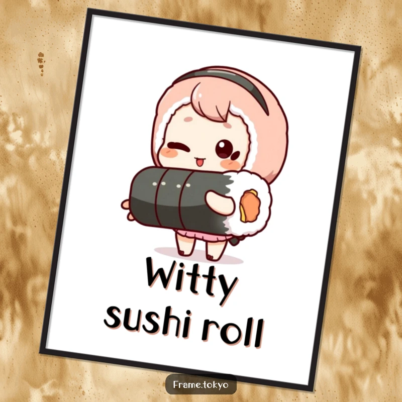 Funny digital art print of a winking character holding a long sushi roll, perfect for humorous wall decor and instant downloads.