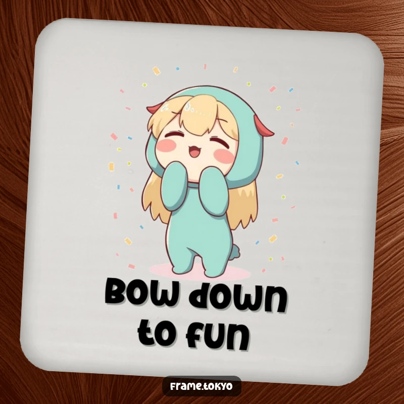 Funny Character Coaster: Enthusiastic bowing character surrounded by confetti, a humorous coaster for surface protection.