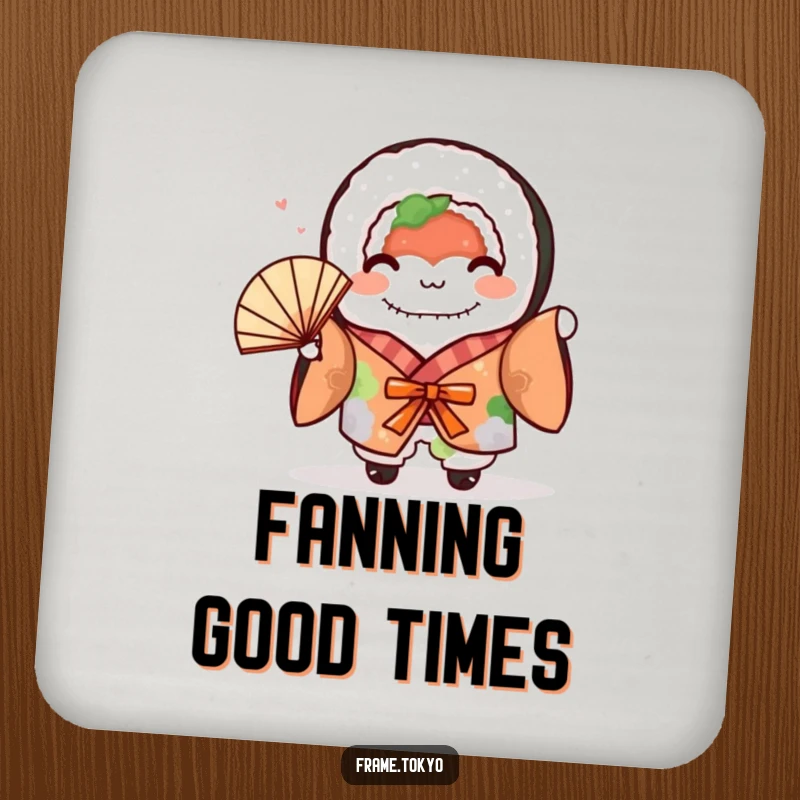 Funny sushi roll in a kimono waving a fan, adorning this protective and amusing drink coaster.