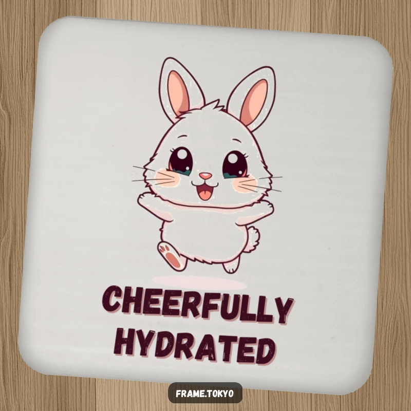 Funny drink coaster featuring a fluffy rabbit with big, excited eyes, captured in a joyful hopping pose.