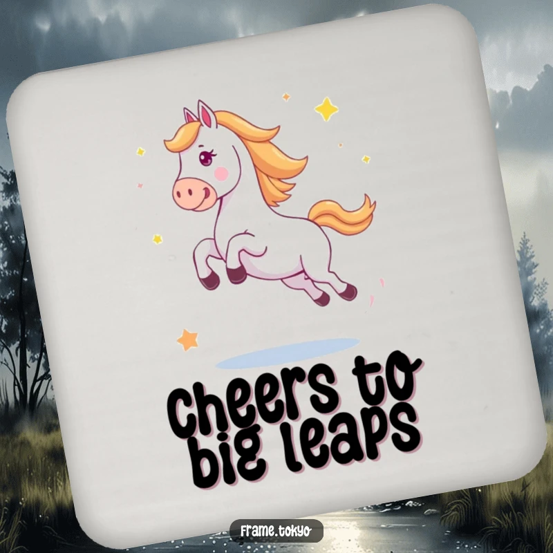Funny horse coaster set depicting a horse in a big, happy jump with abstract stars scattering, adding celebratory protection.