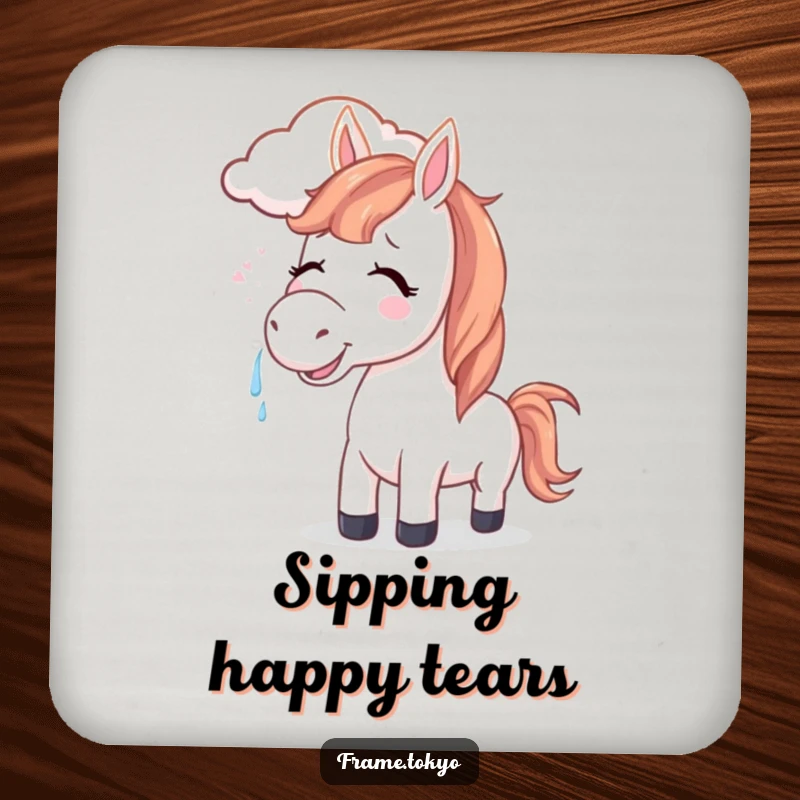 Funny horse coaster set depicting a joyful horse with tears, its mane gently blown by a smiling cloud, adding happy protection.