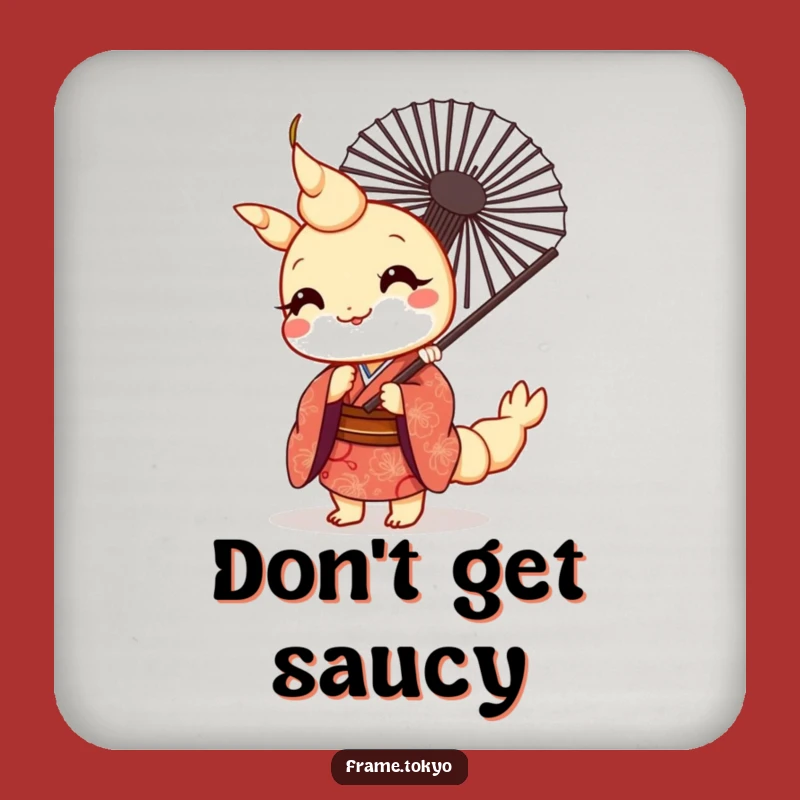 Protect your surfaces with this fun coaster, showcasing a kawaii tempura shrimp in a kimono, peeking from behind a fan.