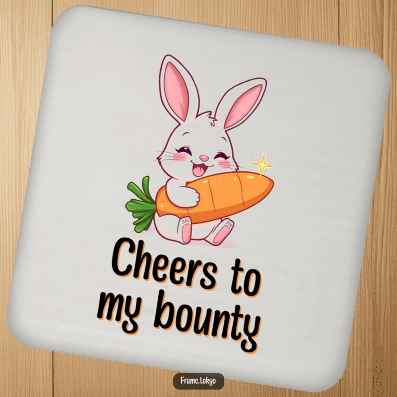 Funny drink coaster featuring a smiling rabbit with long ears, happily nibbling on a giant, sparkling carrot.
