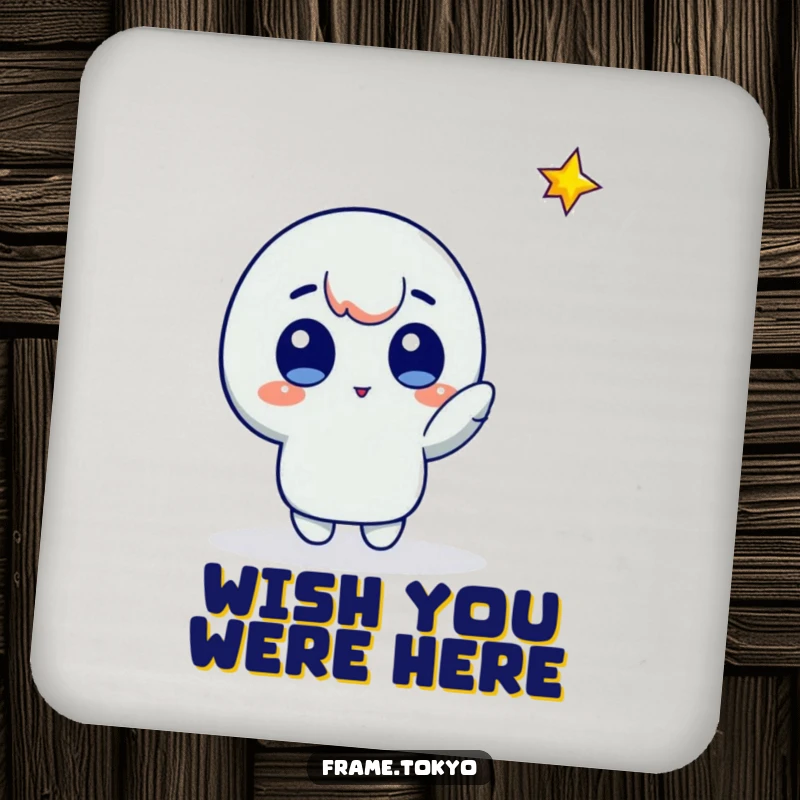 Funny star gazer coasters featuring a character with wide eyes pointing at a bright falling star, full of wonder.