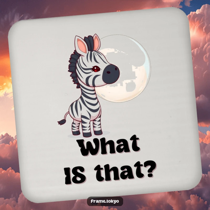 Funny zebra coaster, curious head tilt, sniffing a giant bubble, protecting surfaces with a touch of playful humor.