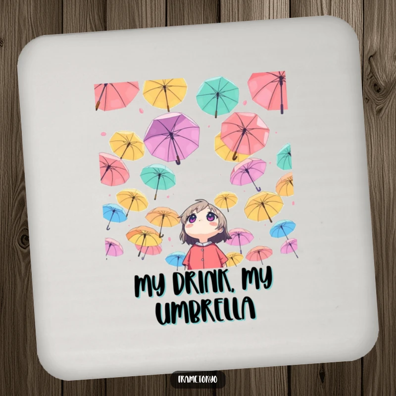 Funny Character Coaster: Character looking up at a sky of colorful umbrellas, a whimsical coaster for surface protection.