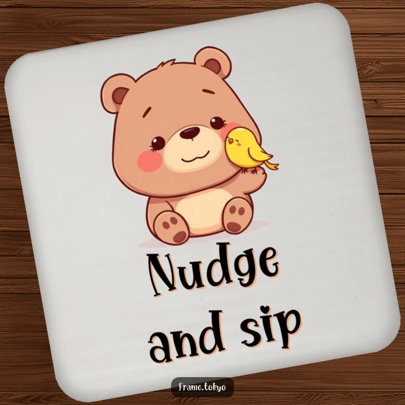 Funny coasters featuring a dopey-smiling bear being nudged by a tiny, smiling bird, protecting surfaces with sweet, humorous charm.
