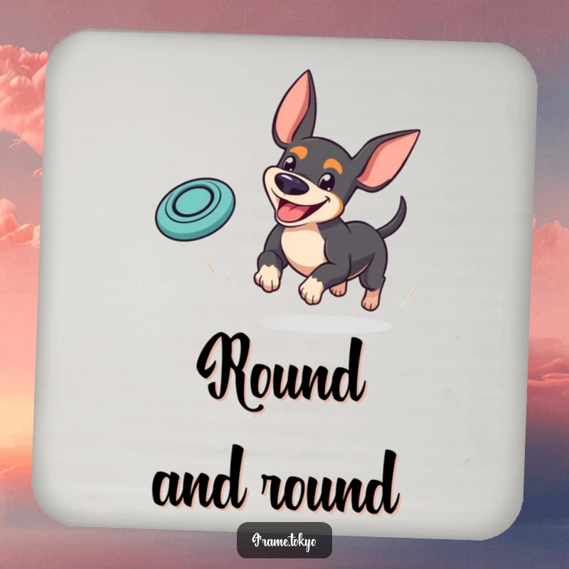 Funny pinscher drink coaster showing a dog with a goofy grin playfully chasing a bouncing mini frisbee, adding fun to tabletops.