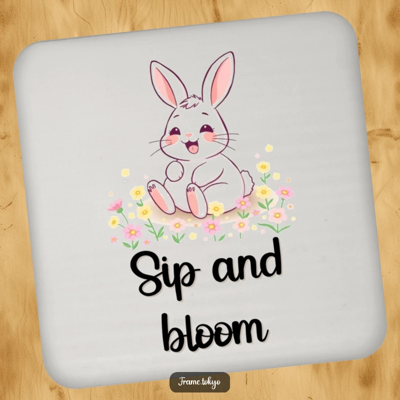 Funny drink coaster showing a happy rabbit with a wide grin rolling in a field of tiny, glowing flowers, perfect for tables.
