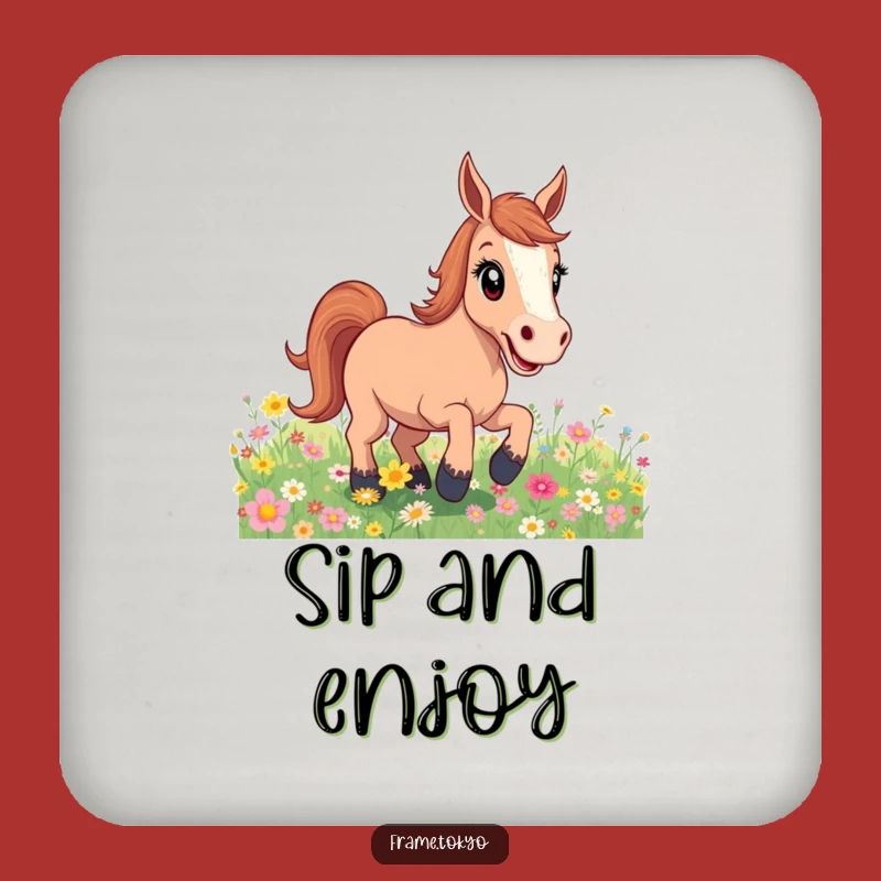 Funny Excited Horse Flower Field Coasters: Protect Surfaces with Nature's Joy!