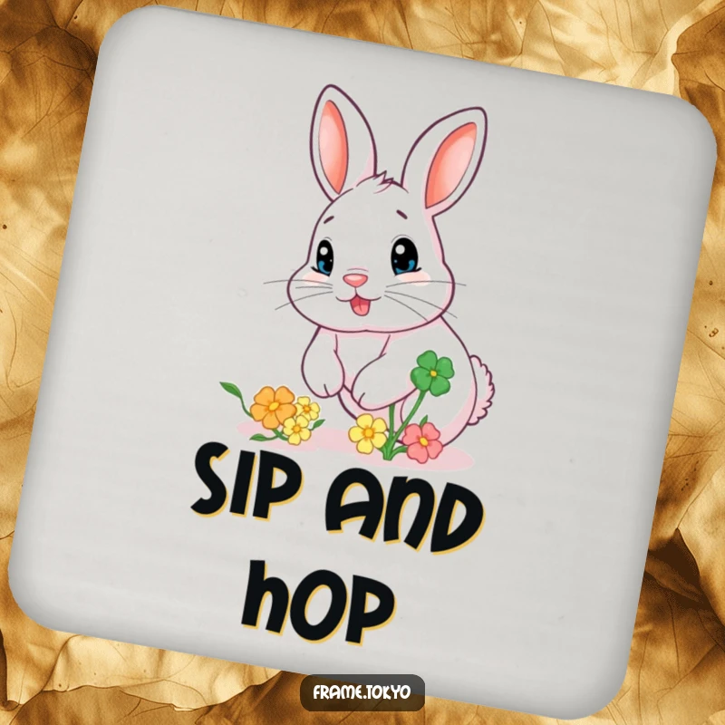 Funny drink coaster showing a rabbit with a twitching nose chasing a bouncing, colorful clover, protecting surfaces with humor.