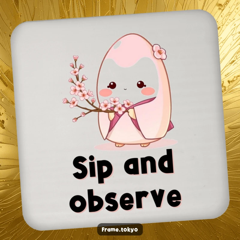 Shy onigiri in a kimono holding cherry blossoms, adorning this protective and amusing drink coaster.