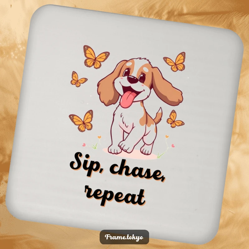 Funny Spaniel Coaster showing a spaniel with its tongue lolling out in delight while chasing animated butterflies, protecting surfaces.