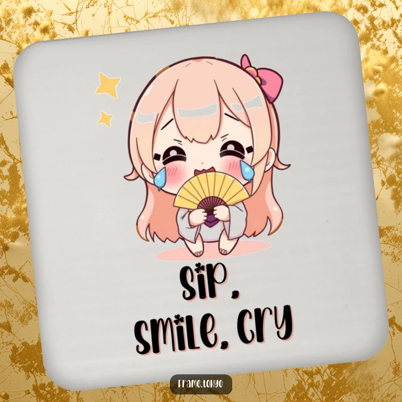 Funny drink coaster featuring a character with happy tears and a fan, adding humorous and joyful accents to tabletops.