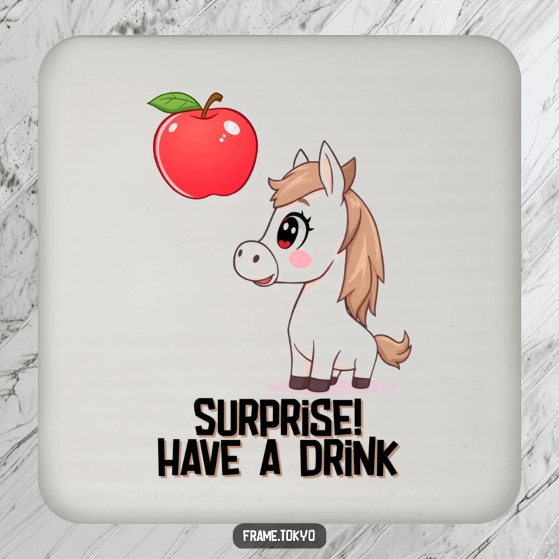 Funny horse coaster set depicting a surprised horse staring at a giant, floating apple, adding whimsical protection.