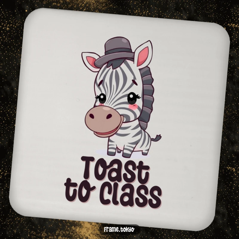 Funny zebra coaster; a smiling zebra with a top hat adds dapper humor and protection to any surface.