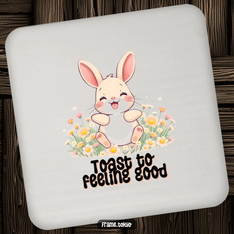 Funny drink coaster featuring a happy rabbit with a wide grin, blissfully rolling in a field of tiny, glowing flowers.