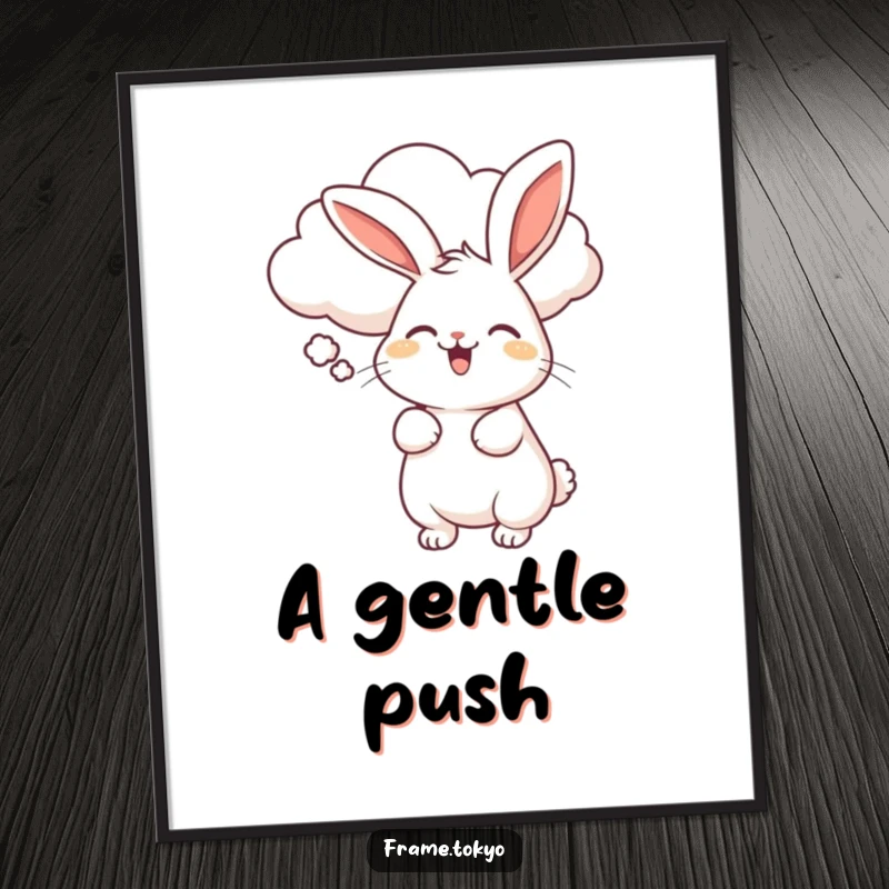 Funny poster illustration of a rabbit wiggling with delight, being softly blown by a smiling, fluffy cloud.