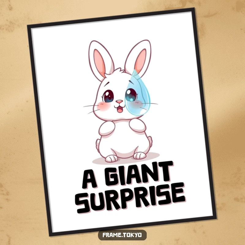 Funny poster depicting a rabbit with a surprised expression looking up at a huge, floating, glistening dewdrop.