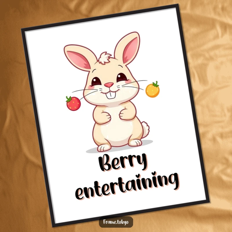Funny poster illustration of a rabbit with a wide, silly smile, actively juggling three small, glowing berries.