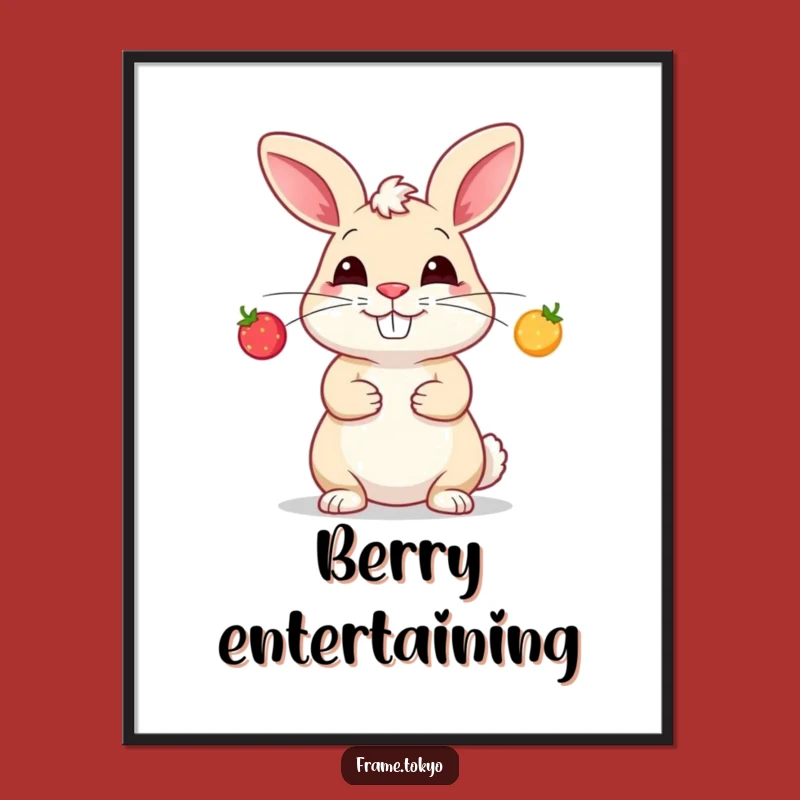 Funny Rabbit Berry Juggling Poster - Whimsical Wall Art for a Cheerful Space