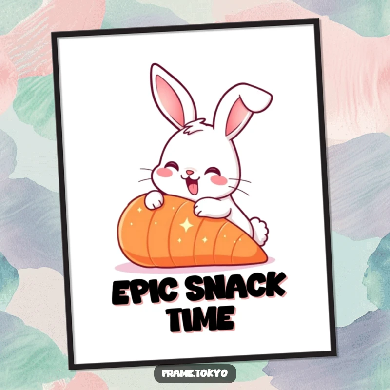 Funny Smiling Rabbit Poster with long ears, nibbling a giant sparkling carrot, for whimsical and humorous wall art.