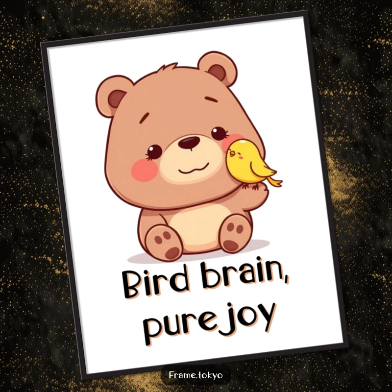 Funny poster of a dopey-smiling bear sweetly nudged by a tiny, cheerful bird, creating a heartwarming and humorous piece of wall art.