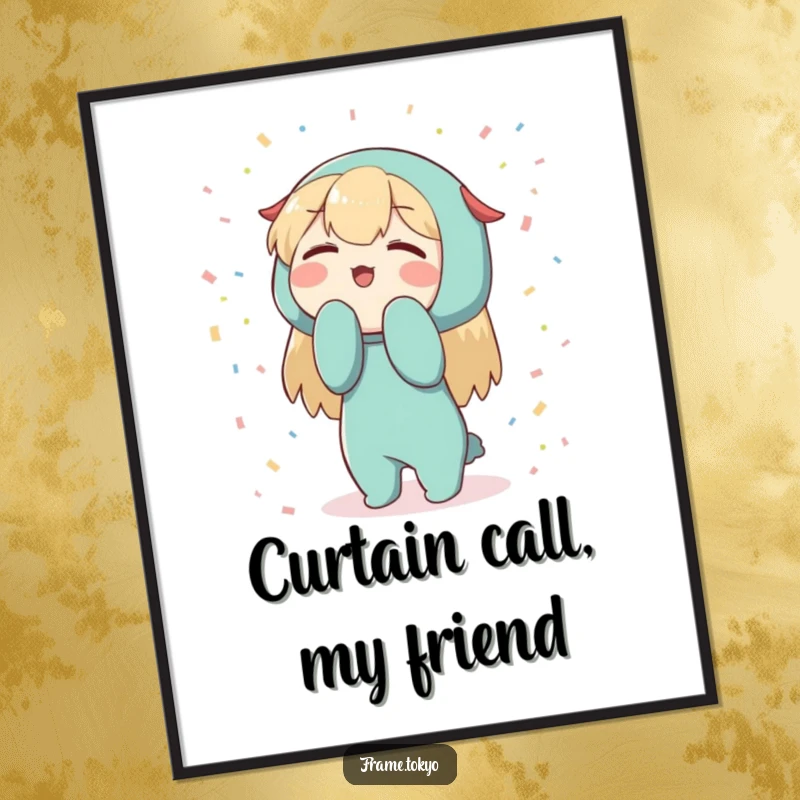 Funny Character Poster: Enthusiastic bowing character surrounded by tiny abstract confetti, celebratory wall art.