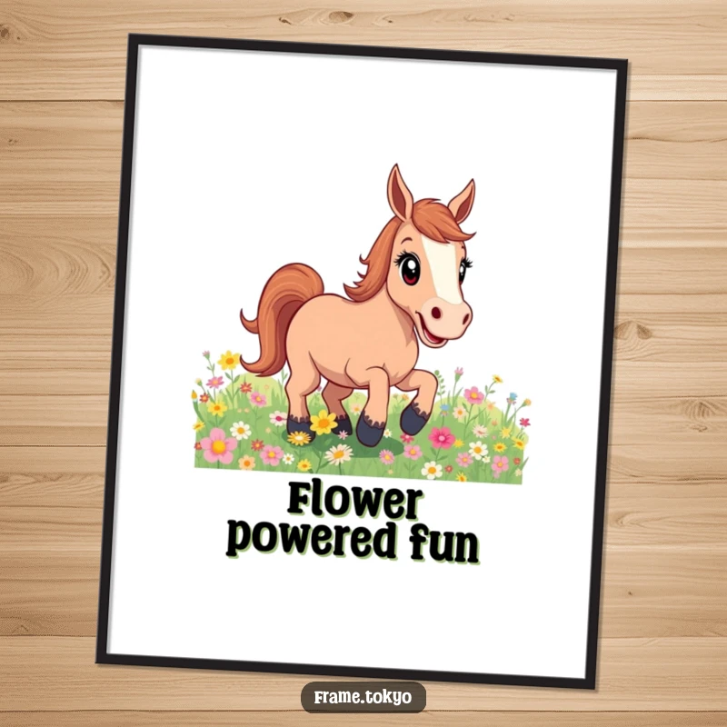 Funny excited horse flower field poster, a lively and colorful piece depicting pure equine joy and the beauty of nature in full bloom.