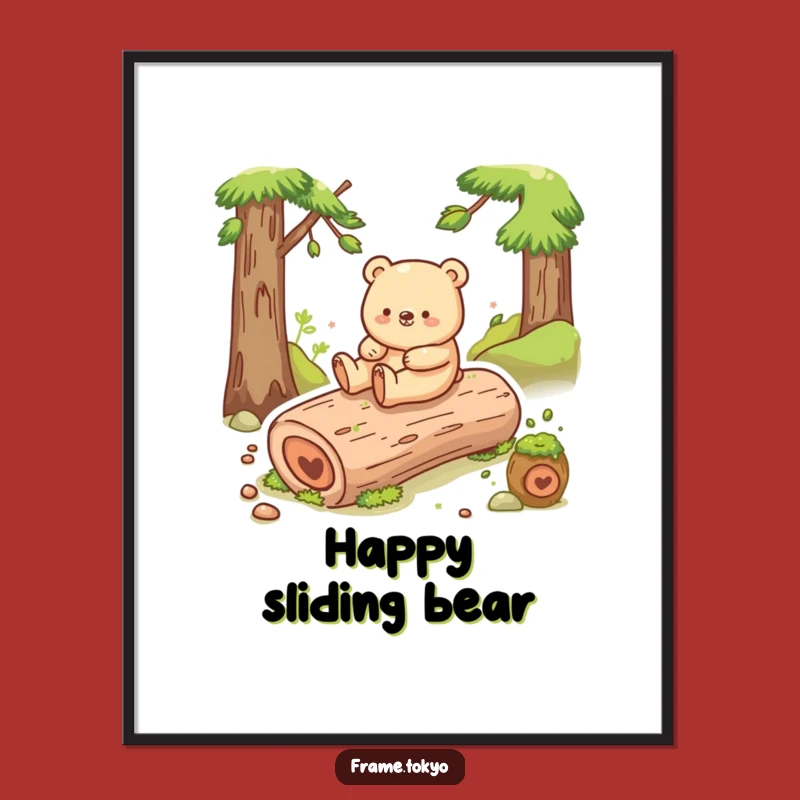 Funny Happy Bear Log Slide Poster: Hilarious Nature Art Gift!