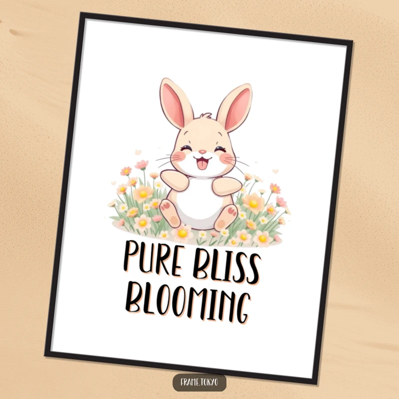 Funny poster featuring a happy rabbit with a wide grin, gleefully rolling in a field of tiny, luminous flowers.