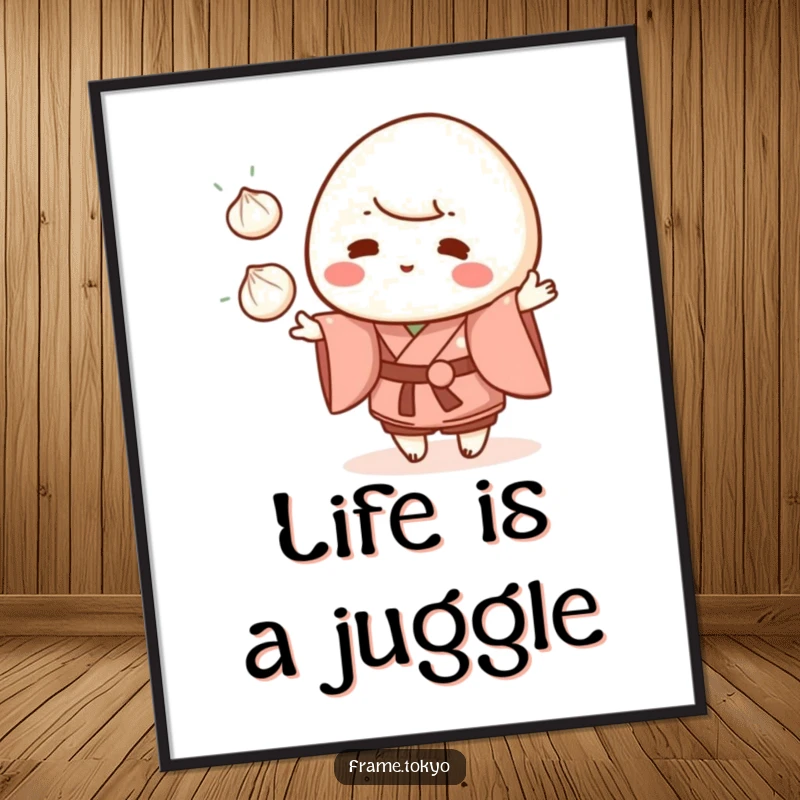 Funny mochi character in a kimono juggling three small dumplings, presented as a fun and colorful art print.